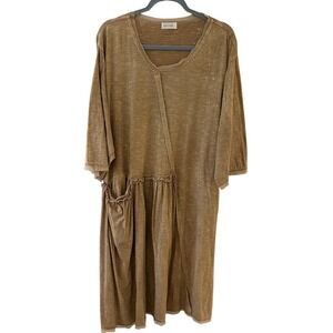 Krista Larson Tan Cotton‎ Slub Lagenlook Ruffle Waist Tie Pocket Dress OSFM